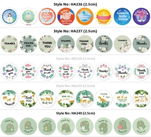 Detailed display of 2.5cm floral and thank you stickers in five different aesthetic styles