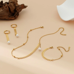 Parure dorée en forme de feuille de blé avec perles : collier, bracelet et boucles d'oreilles