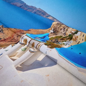 Detailed macro view showing the fine fabric texture of a Santorini tapestry backdrop