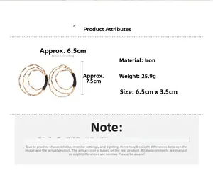 Detailed spec sheet showing large golden multi-layer twisted hoop earrings in iron