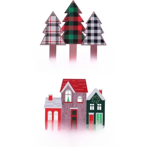 Christmas wooden house and tree ornaments with JOY to the World and holiday greetings