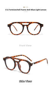 Detail of tortoiseshell double-bridge frames with blue light blocking lenses in tea color
