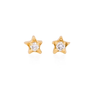 Detailed close-up of gold star stud earrings with white cubic zirconia inlay