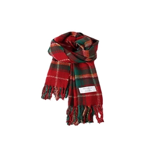 Écharpe d'hiver festive à carreaux rouge et vert avec franges sur fond blanc neutre