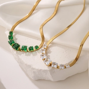 Titanium Steel Necklace With Square Zircon Emerald Gemstone Gold Plated Herringbone Snake Chain Vintage Jewelry Women