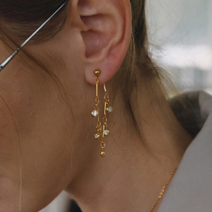 European Fashion Stainless Steel 18K Gold Plated White Zirconia Long Tassel Earrings Shiny Geometric Dangle Earrings For Women Jewelry