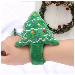 Green plush Christmas tree snap bracelet for kids featuring festive embroidery details