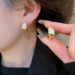 C Shape Stud Earrings Green Zircon Imitation Artificial Pearl French Retro Light Luxury Style Gold Plated With Silver Earring Post