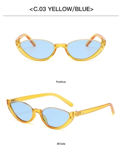 Dettaglio di occhiali da sole cat-eye con montatura gialla e lenti blu da diverse angolazioni