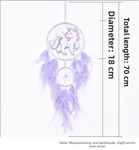 Detail of pink and purple unicorn dream catcher showing 18cm diameter and 70cm total length