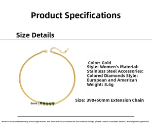 Detail of gold stainless steel snake chain with 390mm length and green heart zircons