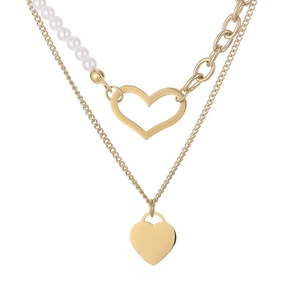 Double Layer Stainless Steel Heart Pendant Necklace With Artificial Pearl Elegant Fashion Jewelry Gift For Women