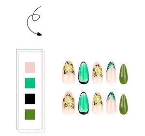 Detail of 3D tropical floral press-on nails featuring yellow flowers and almond shapes