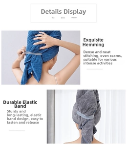 Detailed view of dark blue and grey coral fleece hair towels with elastic bands