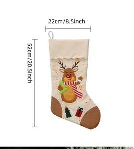 Detailed size chart of large burlap Christmas stocking with moose and tree embroidery