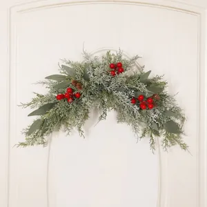 Christmas Artificial Swag Frosted Red Berry Pine Needle Eucalyptus Wall Door Hanging Home Festive Decor LED Light
