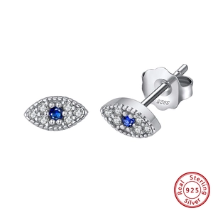 Evil Eye stud earrings in 925 sterling silver with blue zircon and pavé crystals