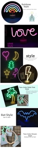 Detail showcasing various LED neon light shapes with base including rainbow and flamingo