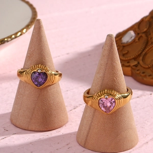 18K gold plated stainless steel rings with pink and purple heart zircon stones