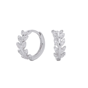 Elegant silver S925 sterling silver hoop earrings with leaf pattern and sparkling zircons