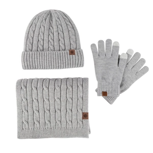 Winter 3-piece knit set with thick beanie hat, scarf, and touchscreen gloves in light grey