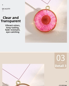 Macro detail of round gold alloy pendant featuring real dried pink flower in clear resin