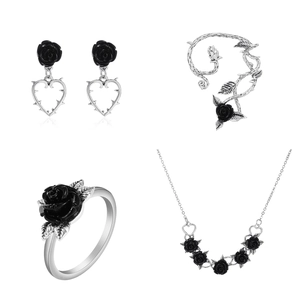 Gothic silver rose jewelry set with black flower necklace earrings and ring for women