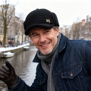 Winter wool baseball cap with ear flaps and warm lining for men in outdoor setting