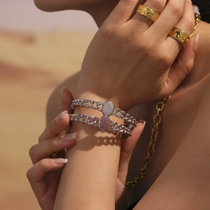 18K gold plated Cuban link bracelet set with zircon stones and embossed rings
