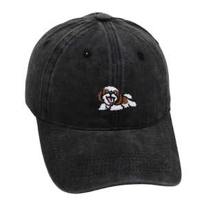 Vintage washed grey baseball cap with cute Shih Tzu dog embroidery for men and women