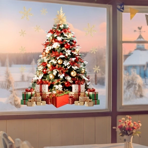 Detailed Christmas tree window stickers with colorful gift boxes on glass background