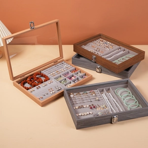 Wooden Jewelry Storage Box With Transparent Glass Lid Velvet Lining Dustproof Multi Grid Desktop Organizer For Earrings Necklaces