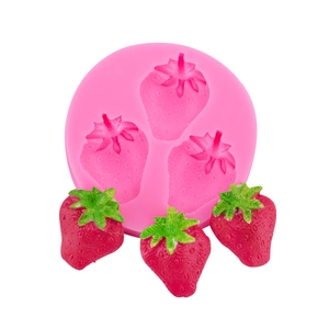 Pink silicone strawberry mold for baking and chocolate crafts with three realistic cavities