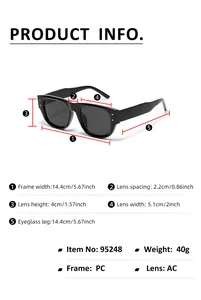 Detailed size chart of square frame sunglasses showing frame width and lens height