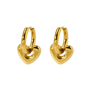Classic 14k gold plated stainless steel heart drop earrings with C-shaped hoop design