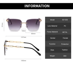 Detailed dimension chart showing 147mm width and specifications for rimless sunglasses