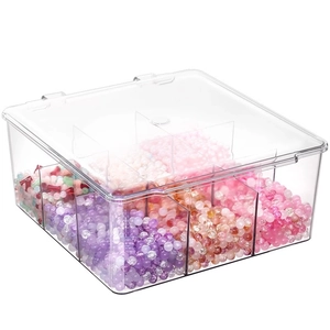 Clear acrylic bead organizer box with multiple compartments and hinged lid for crafts