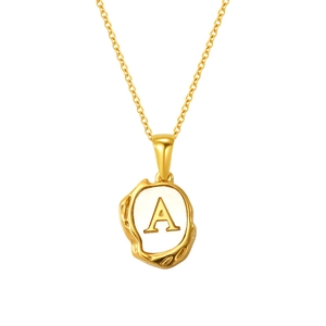 Gold plated titanium steel lava necklace featuring a shell letter A pendant on white background