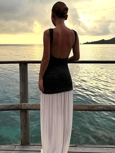 Elegant backless sequin dress with white pleated long skirt for summer beach evening