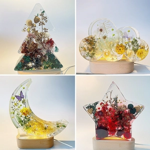 Set of four resin night lights with dried flowers, wooden base and USB power cord