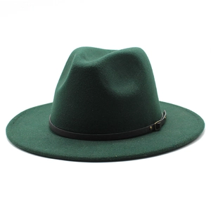 Close-up of dark green fedora hat with a black leather band and antique bronze metal buckle