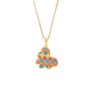 Golden stainless steel necklace with a colorful enamel butterfly pendant in mosaic style