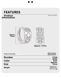 Detail of S925 sterling silver honeycomb earrings with cubic zirconia and size dimensions