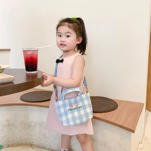 Kids blue checkered canvas crossbody bag with letter embroidery and top handle straps