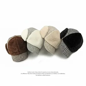 Winter plush baseball cap set with warm ear flaps and plaid pattern in four colors