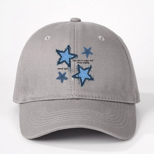 Detailed front view of grey baseball cap with blue star embroidery and eternal light text