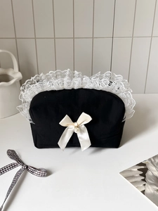 Trousse De Maquillage Coton Dentelle Noeud Künstliche Perle Décor Fermeture Éclair Portable Grande Capacité Style Lolita Doux Pochette À Cosmétiques