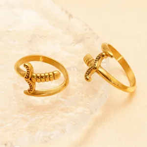 Vintage Gothic Sword Dagger Adjustable Ring 18K Gold Plated Stainless Steel Open Finger Jewelry For Women Men