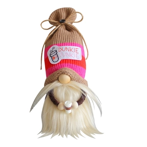 Adorable faceless gnome doll featuring coffee cup design and striped knitted hats