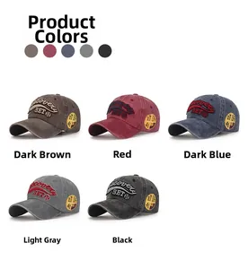Detailed view of distressed baseball caps in five vintage washed colors with 3D embroidery